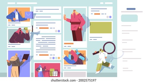 arab people in web browser windows using computer applications digital marketing concept
