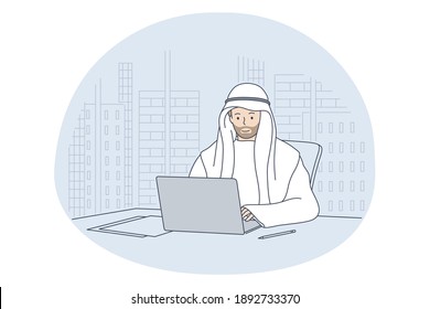 Arab people working in office concept. Young positive saudi muslim businessman cartoon character sitting in office with laptop and working online on project. Working process and international team