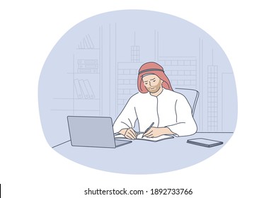 Los árabes trabajan en el concepto de oficina. Joven y frustrado empresario musulmán saudita estresado, personaje de caricatura sentado en su oficina con una laptop y trabajando en línea en el proyecto. Ilustración del proceso de trabajo