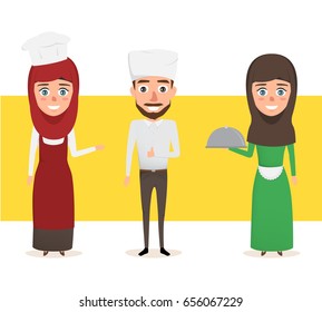 Arab people working at restuarant. Cook people character. Illustration vector.