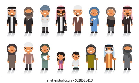 Arab person generations at different ages. Group cute young and old muslim people standing together in different traditional islamic clothes on white background in flat cartoon style.
