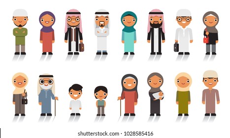 Arab person generations at different ages. Group cute young and old muslim people standing together in different traditional islamic clothes on white background in flat cartoon style.