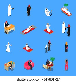 Arab persons in traditional clothing during work and leisure isometric set on blue background isolated vector illustration