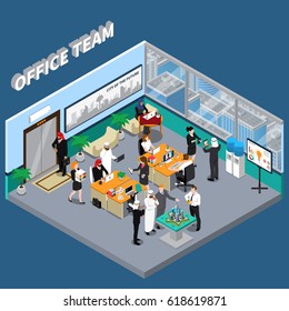 Arab persons in traditional clothing and european workers and partners in office in skyscraper isometric vector illustration