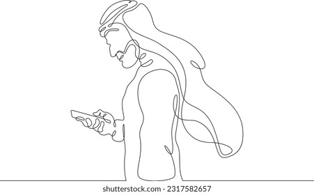 Arab with a phone in his hand. Man in gutra and kandura. Arab in a headscarf. Smartphone internet call. Eastern man. One continuous line. Linear.One continuous line drawn isolated, white background.