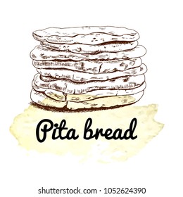 Arab pita, pitta bread. Sketch. Icon for the menu, cafes, restaurants, bakeries.
Watercolor background. Vintage style.