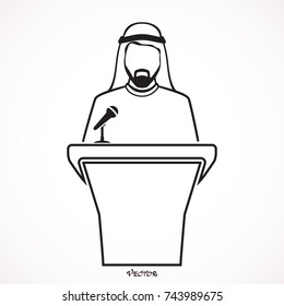 Arab politician speaking before reporters and microphones, vector avatar, flat style, black, isolated