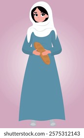 Arab, pregnant woman with bread in hand, illustration