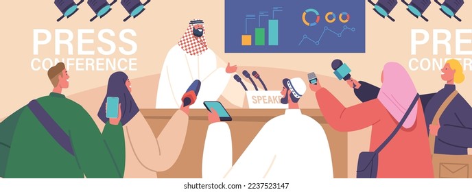 Arab Press Conference, Briefing with Arabic Speaker Concept. Man Speaking to Audience, Journalists or Press Media Workers with Microphones Listen Character on Tribune. Cartoon Vector Illustration