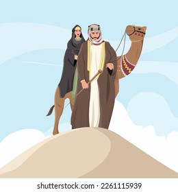 Arab prince and princess. fairy tale. Walking on the desert with camel in ancient clothes. Desert landscape. Flat vector illustration isolated on white background