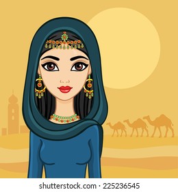 Arab princess against a caravan of camels in the desert.