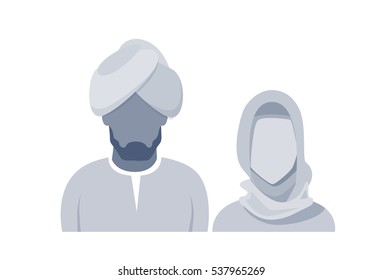 Arab Profile Icon Male And Female Avatar Man Woman, Muslim Cartoon Couple Portrait Silhouette Face Flat Vector Illustration