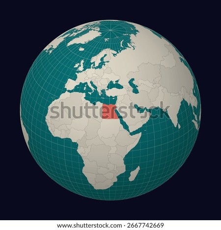 Arab Republic of Egypt on the map. Globe centered to Egypt. Country location on the world map. Teal Pale Mint color palette. Globe with countries, meridians and parallels.