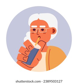 Arab retiree senior woman sipping straw 2D vector avatar illustration. Coffee enjoying middle eastern senior lady cartoon character face. Drinking shake flat color user profile image isolated on white