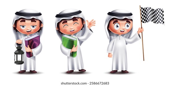 Arab Saudi boy characters vector set design. Arabian kids character holding lantern, Quran book and flag cute little boy collection in white background. Vector Illustration.
