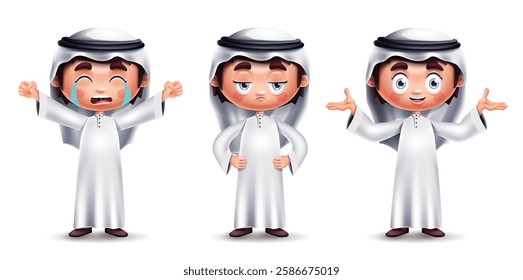 Arab Saudi boy characters vector set design. Saudi little cute kids collection wearing thobe and ghutra clothing in white background. Vector illustration. 
