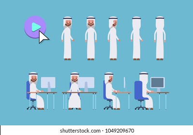 Arab saudi businessman. cartoon character animation kit. poses while standing and sitting