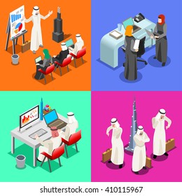 Arab Saudi Businessmen group working. Middle Eastern desk woman & laptop. Flat 3D Isometric muslim men People character Collection. Arabian Business Infographic Elements Isolated Vector Image