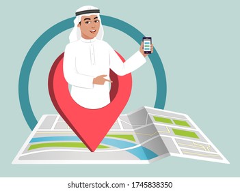 Arab Saudi Man Using GPS On Phone To Reach A Location On Map. Holding Smart Phone. Location Icon With Arab Man Pointing At Address. Traveling Via GPS Navigation Technology Or App With Maps. 