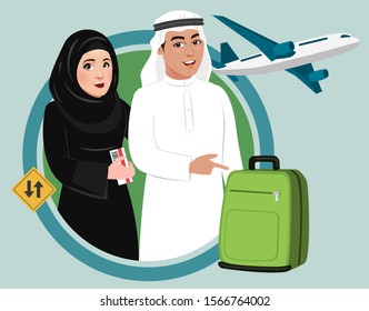 Arab saudi man and woman waiting for flight at airport. Traveling for tourism or business. Muslim arab couple on family vacation with luggage.