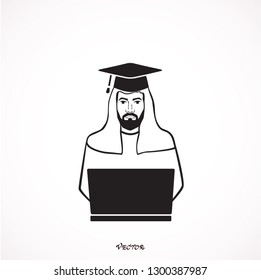 Arab saudi man working online with a laptop, Arab student preparing for university exam