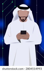 Arab Saudi, Qatari, Omani, Bahraini, Kuwaiti man using the future technology 