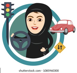 Arab Saudi Woman or Girl being happy after getting Permission to Drive, and Holding Car keys. Female Drivers are allowed Driving License now.