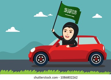 Arab Saudi Woman or Girl being happy after getting Permission to Drive, and Holding Saudi Arabia Flag. Female Drivers are allowed Driving License now. Women Empowerment. 