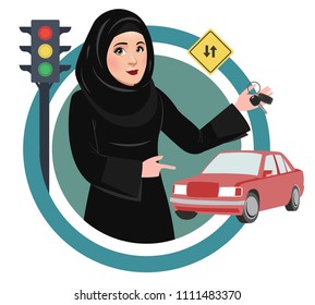 Arab Saudi Woman or Girl being happy after getting Permission to Drive, and Holding Car keys. Female Drivers in Saudi Arabia are allowed Driving License now.