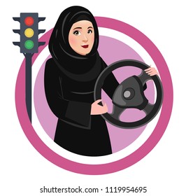Arab Saudi Woman or Girl being happy after getting Permission to Drive, and Holding Car steering. Female Drivers are allowed Driving License now in Saudi Arabia.