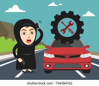 Arab Saudi Woman or Girl's car requires repair,  worried about the damage, Holding Car keys. Women Female Drivers are allowed Driving License now. Calling some helpline or Guardian for help.