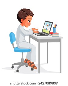 Arab school boy studying with laptop. Home school online lesson. Cartoon vector illustration isolated on white background.