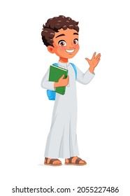 Arab school boy in uniform greeting. Cartoon vector illustration isolated on white background.