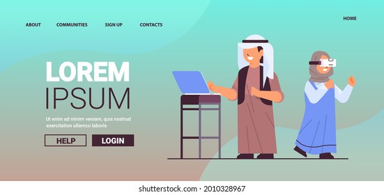 arab schoolboy using laptop schoolgirl wearing vr headset smiling girl in digital glasses exploring virtual reality interactive services - Powered by Shutterstock - Get 15% off with code: PIKWIZARD15
