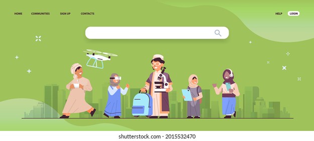 arab schoolchildren using digital gadgets arabic school clildren having fun cityscape background full length