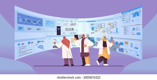 arab scientists team analyzing medical data on virtual board medicine healthcare concept hospital interior