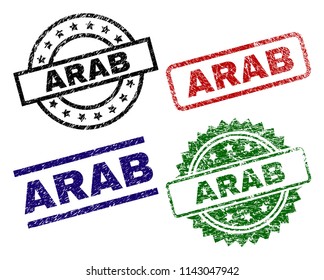 ARAB seal prints with corroded texture. Black, green,red,blue vector rubber prints of ARAB text with dirty texture. Rubber seals with circle, rectangle, rosette shapes.