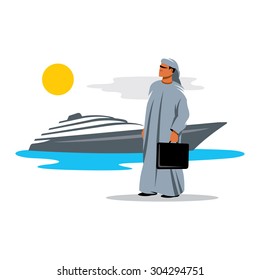 Arab sheikh on the background of yachts sign. Vector Illustration. Branding Identity Corporate logo design template Isolated on a white background