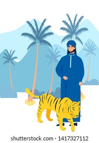 Arab sheikh with pet tiger. In minimalist style Cartoon flat Vector Illustration