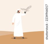 Arab Sheikh with pets Eagle. In style Cartoon flat Vector Illustration