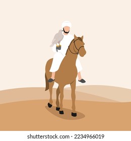 Arab Sheikh with pets Eagle. In style Cartoon flat Vector Illustration