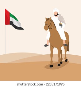 Arab Sheikh with pets Eagle. In style Cartoon flat Vector Illustration