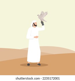 Arab Sheikh with pets Eagle. In style Cartoon flat Vector Illustration