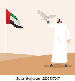 Arab Sheikh with pets Eagle. In style Cartoon flat Vector Illustration
