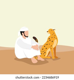 Arab Sheikh with pets tiger. In style Cartoon flat Vector Illustration