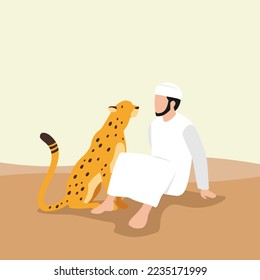 Arab Sheikh with pets tiger. In style Cartoon flat Vector Illustration