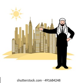 Arab sheikh represents the megalopolis in the desert. Vector Illustration. 