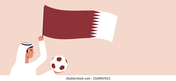 Arab with soccer ball and flags of Qatar. Flat vector stock illustration. Copy space template for design. Concept of football championship
