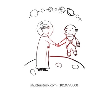 Arab in space concept. Hand drawn sketch of an Arab in an astronaut dress on an isolated white background. Suitable for Arab Space Programs 