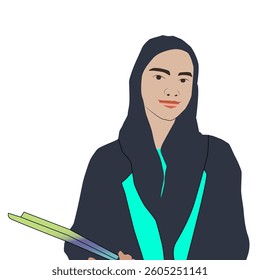 arab student, Saudi, middle eastern, university, , learn, UAE, vector, smart, study, cute, literature, looking, hold Book, green dress, standing, cheerful, black, attractive, portrait, female.college